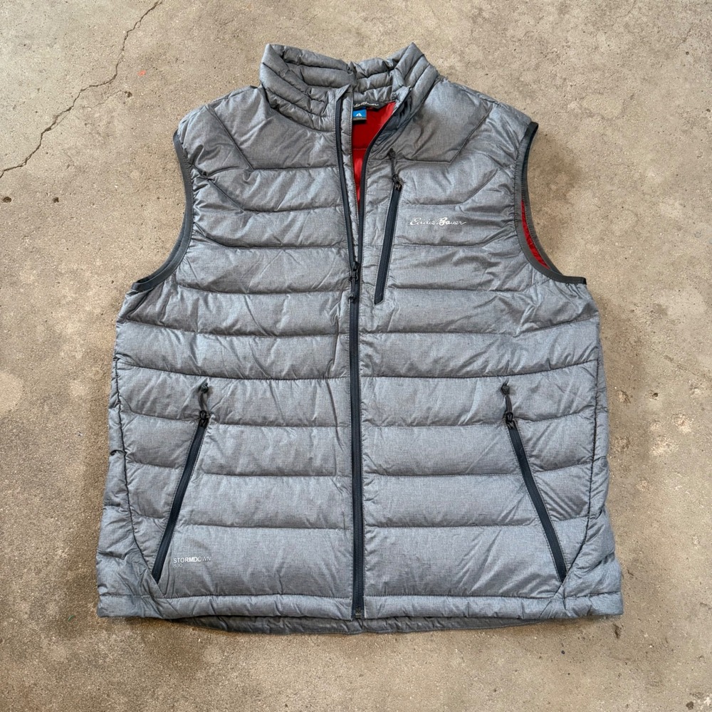 Eddie Bauer Puffer Vest Men L Gray StormDown 800 First Ascent Full Zip Down Fill